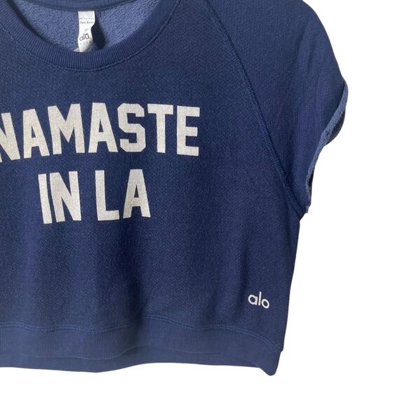 ALO Yoga Namaste In LA Spell Out Crop Top Raglan Sleeve Crew Neck Blue Small - Picture 6 of 7